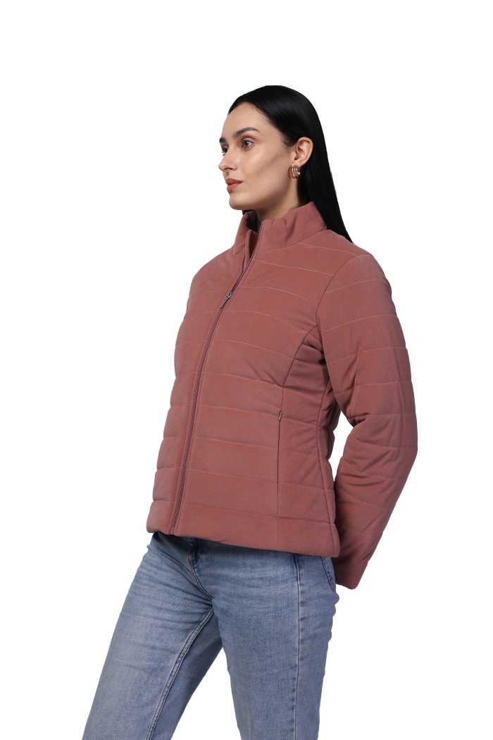 A model showcasing Women Quilted Jacket In Velvet Fabric With Concealed Zipper Pocket thumbnail.